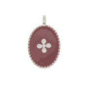 Dije medalla ovalado estampado cruz de resina epoxi 14x8.5 mm chapado en plata fina- Vieux Rosa
