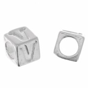 Cuenta letra alfabético cubo 5 mm con agujero grande - V - Plata 925 x1