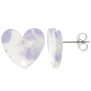 Tachuelas corazón acrílico 14x15,5 mm - Violeta terrazo - Blanco nacarado x2