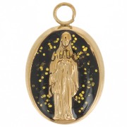 Charm oval 15,5x10mm - Motivo religioso - Acero inoxidable chapado en oro 304L - Negro con purpurina