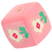 Cuenta cubo acrílico 14 mm - Motivo flor - Rosa claro - Blanco x1