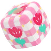 Cuenta cubo acrílico 14 mm - motivo cuadros y flores - Rosa - Blanco x1