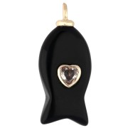 26x12 mm Colgante Pez con CZ Corazón y Gema - Obsidiana Negra x1