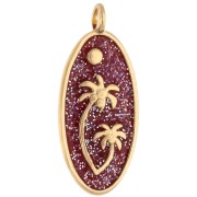 Colgante oval 28,5x12,5 mm con motivo de palmera - Dorado con oro fino - Purpurina rosa x1