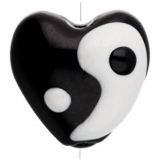 Cuenta corazón de vidrio 13,5x14 mm - motivo Yin y Yang - Negro - Blanco x1