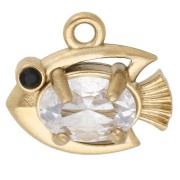 Mini Dije de pez 9x10 mm con strass - Acero Inoxidable Dorado 304 - Cristal x1