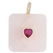Colgante cuadrado facetado de 33 x 25 mm de piedra preciosa y corazón de circonita - Cuarzo rosa x1