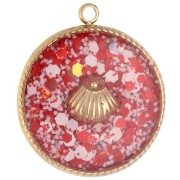 Dije redondo de 17,5 mm con motivo de concha. Resina epoxi. Acero inoxidable 304 Dorado - Rojo x1