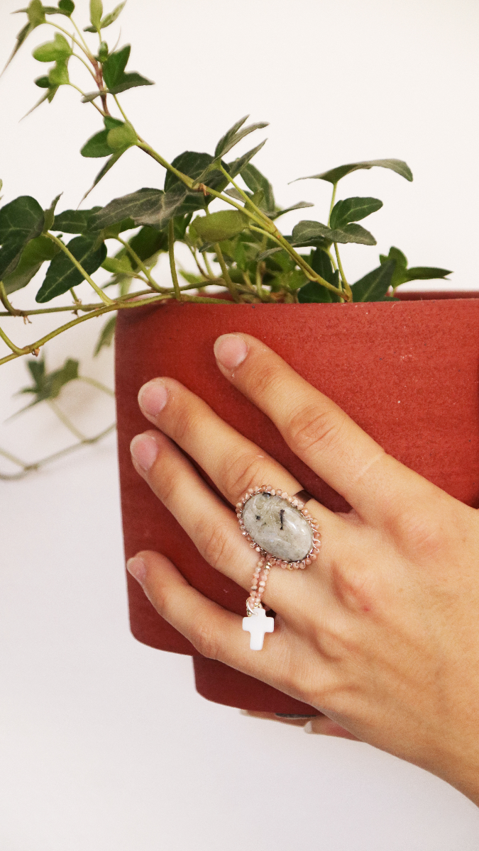 Esquema DIY Anillo de Labradorita y Miyuki con gemas de escarabajo Esquema DIY Anillo de Labradorita y Miyuki con gemas de escarabajo