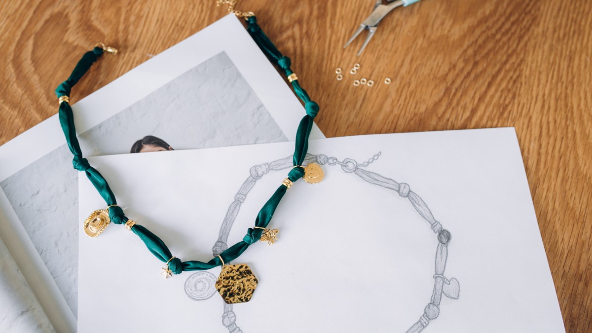 Esquema Gargantilla de tela verde bosque con Dijes Dorados Esquema Gargantilla de tela verde bosque con Dijes Dorados