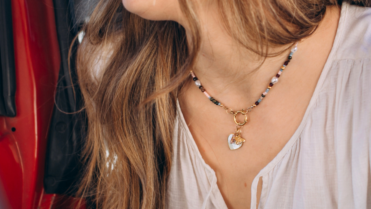 Esquema DIY Collar de perlas de acero inoxidable, Cierre y colgante de corazón Esquema DIY Collar de perlas de acero inoxidable, Cierre y colgante de corazón