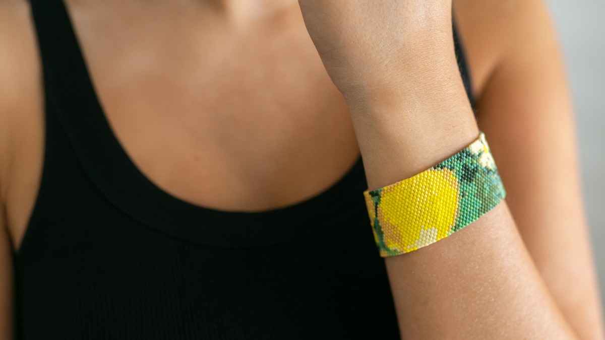Pulsera con motivo de limones, tejida con cuentas, con tira de inicio Pulsera con motivo de limones, tejida con cuentas, con tira de inicio