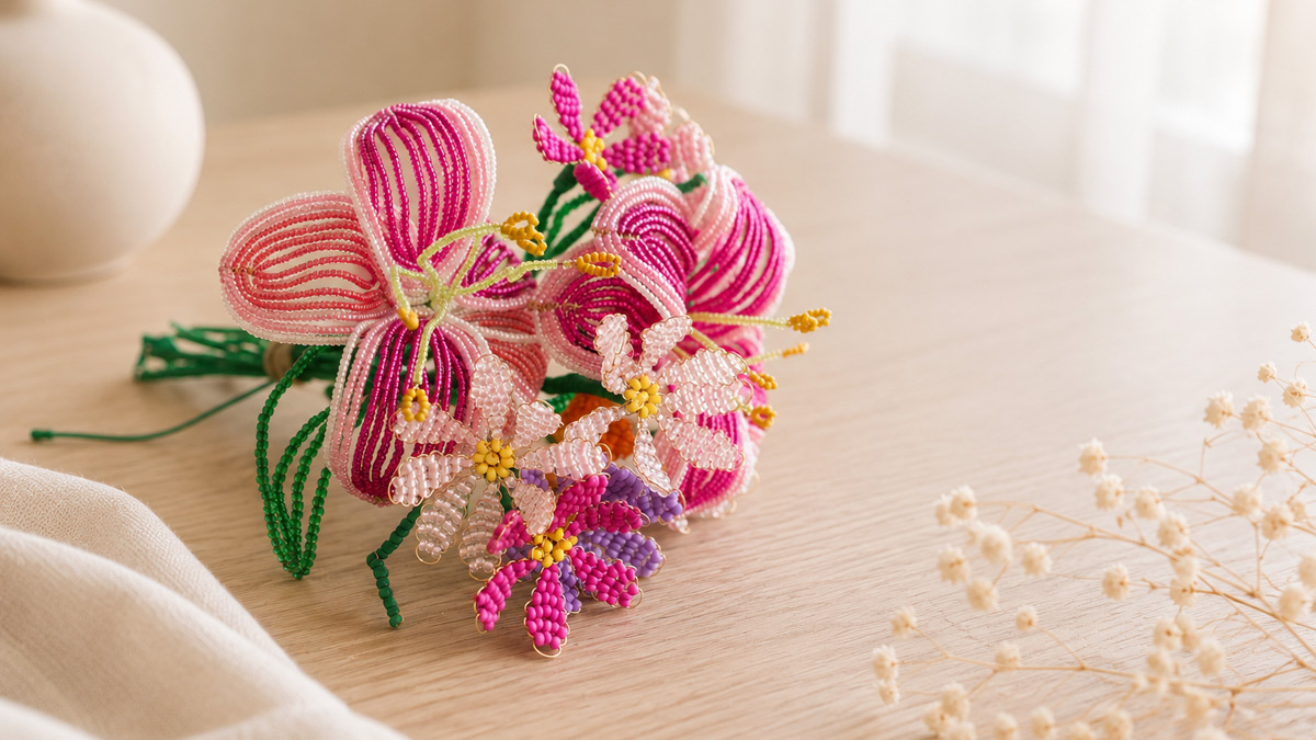 Ramo de flores hecho con cuentas de Rocalla: flor de lis y margarita Ramo de flores hecho con cuentas de Rocalla: flor de lis y margarita